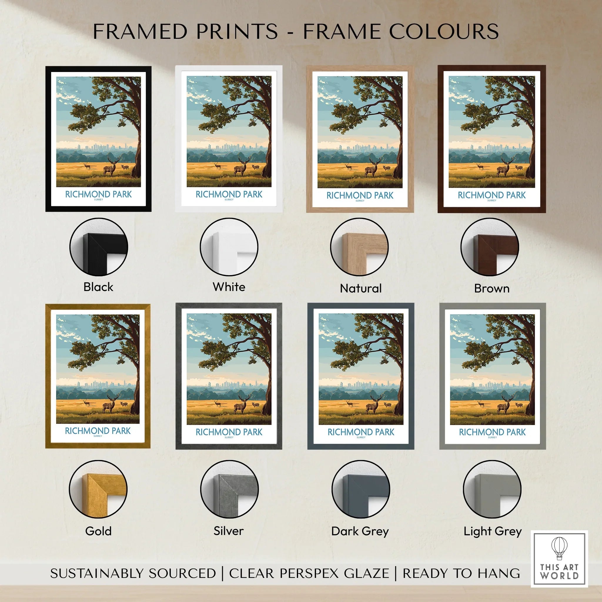 Richmond Park travel poster framed print with 7 frame colour options, including black, white, natural, brown, gold, silver, dark grey, and light grey.