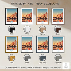 Rimini Italy Poster | Vintage Vespa & Historic Bridge Canvas Print framed with various frame color options.