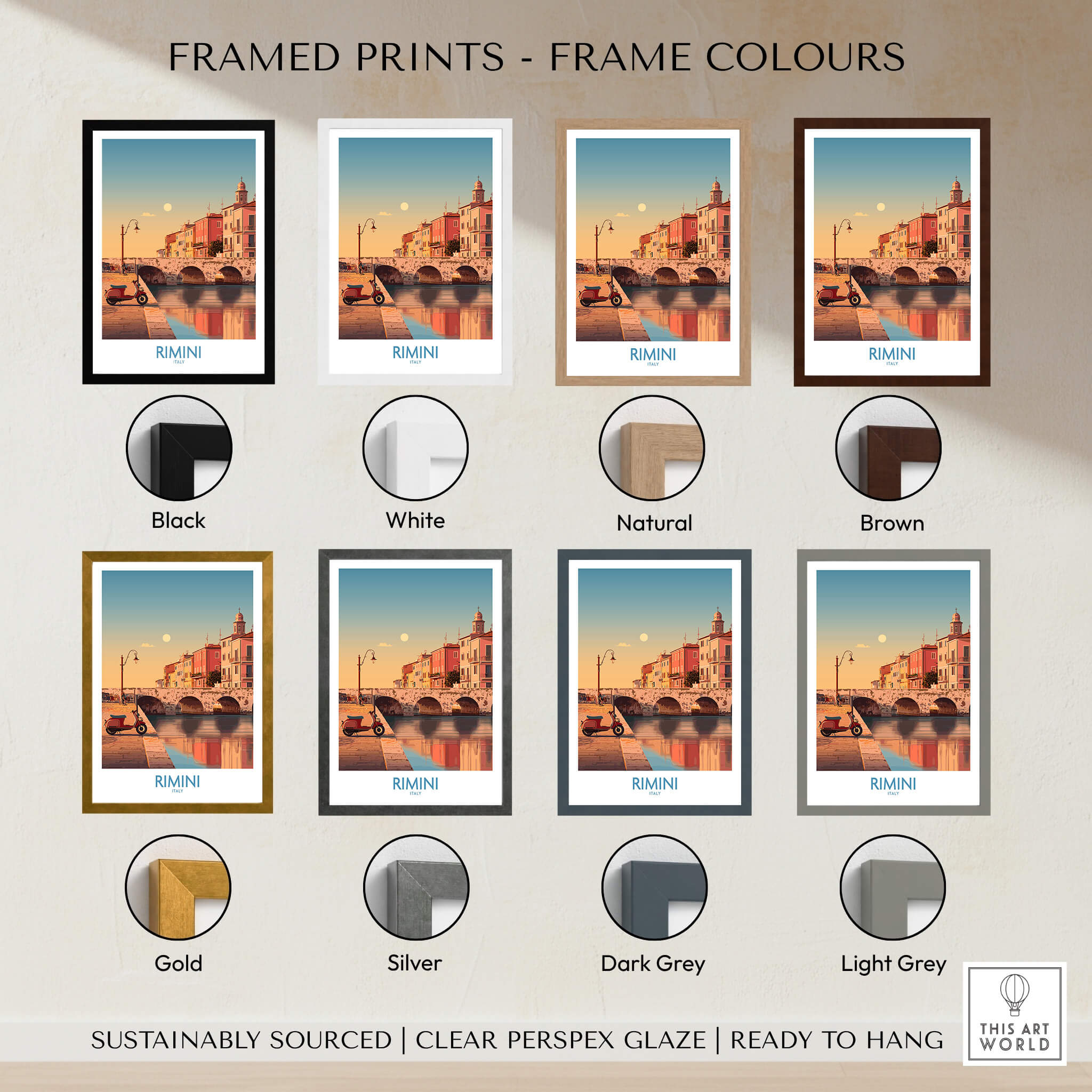 Rimini Italy Poster | Vintage Vespa & Historic Bridge Canvas Print framed with various frame color options.