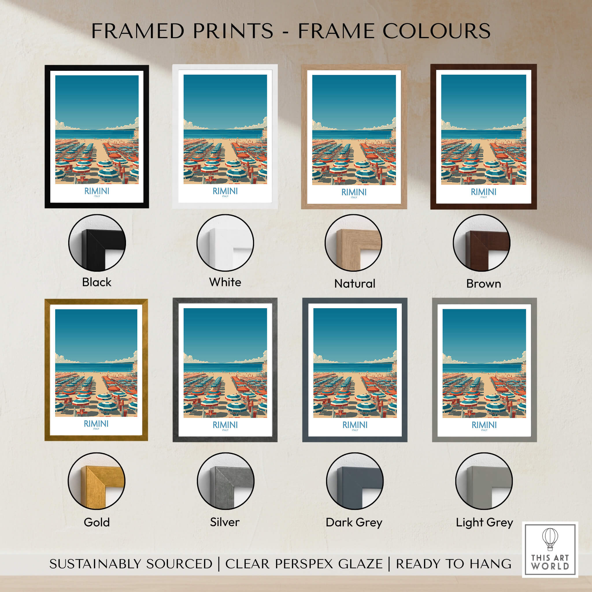 Rimini Italy Poster | Summer Coastline Holiday Scene Canvas Print framed print options in various colors.