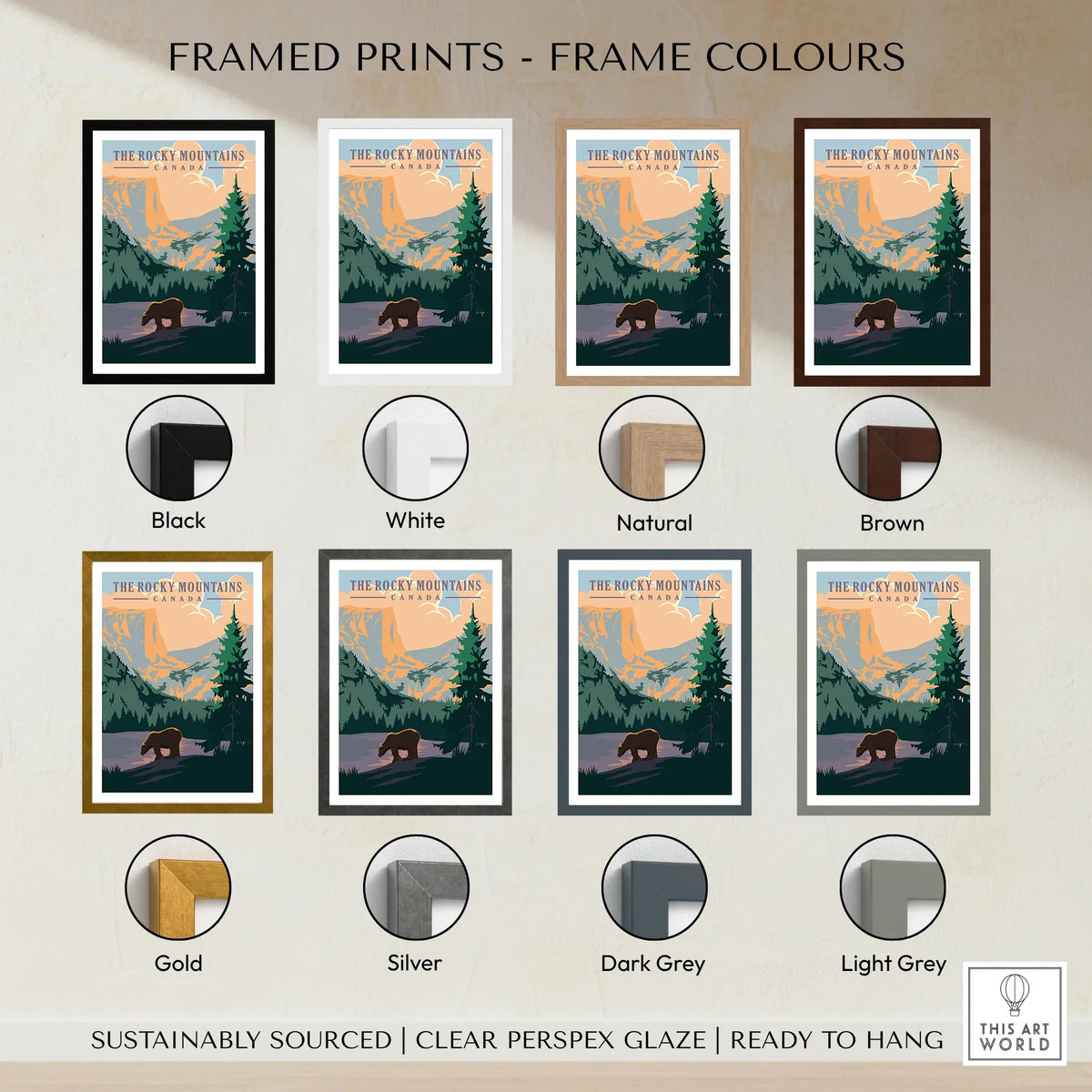 Rocky Mountains Canada travel poster with bear, framed in eight colors including black, white, brown, gold.