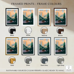 Rocky Mountains Canada travel poster with bear, framed in eight colors including black, white, brown, gold.