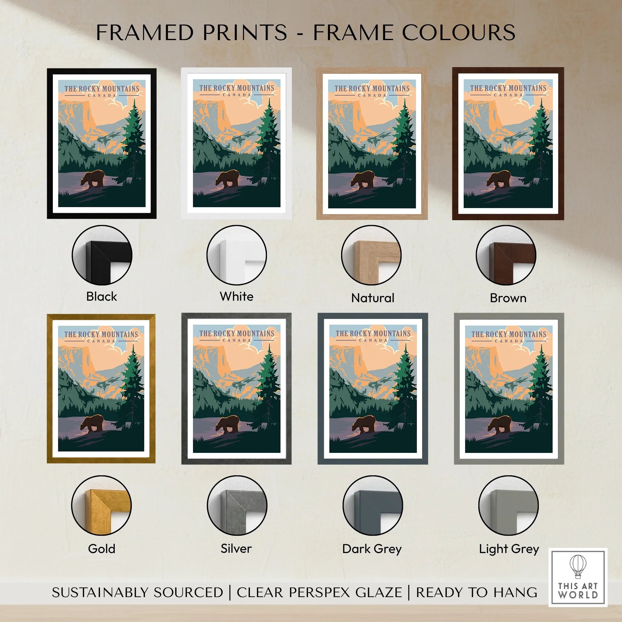 Rocky Mountains Canada travel poster with bear, framed in eight colors including black, white, brown, gold.