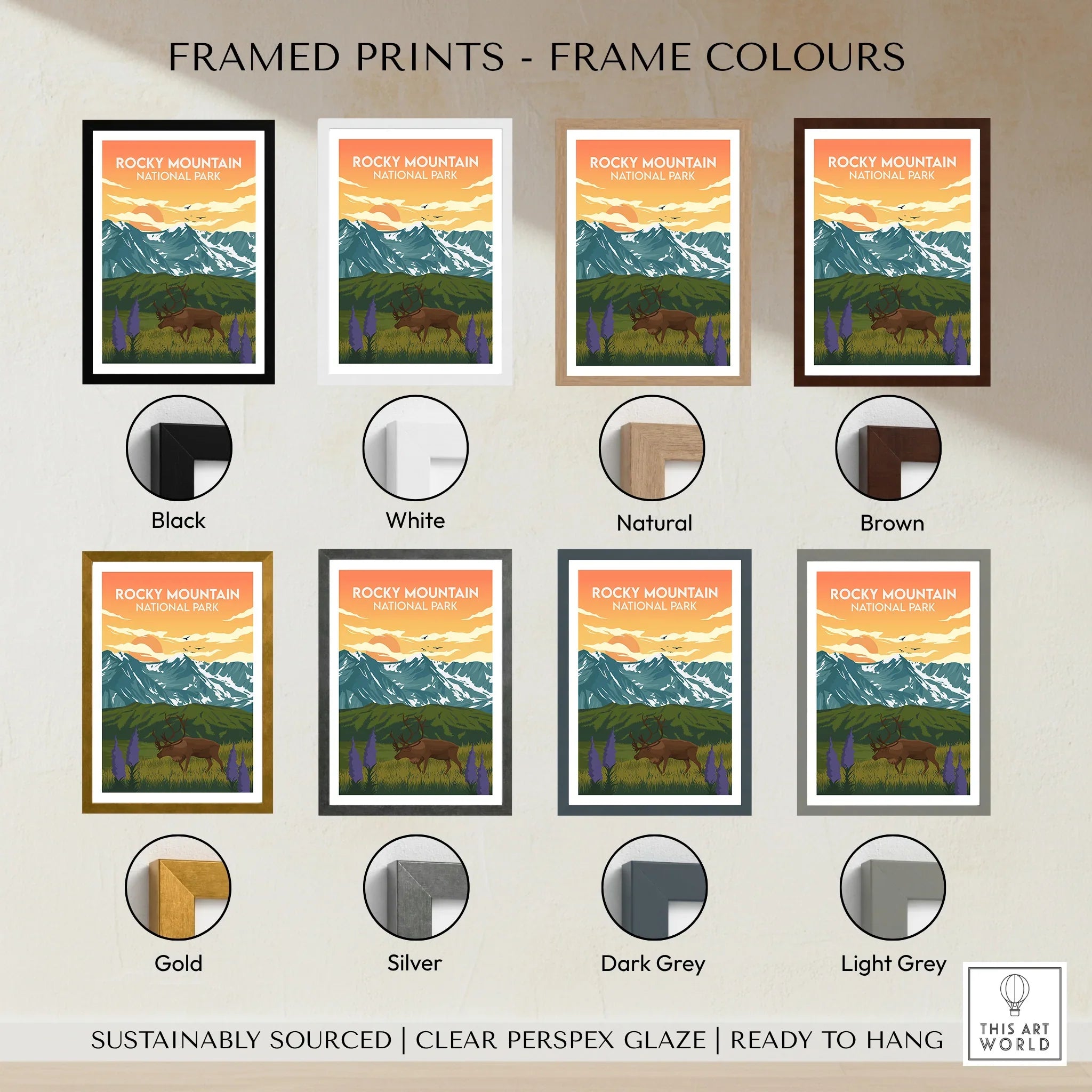 Rocky Mountain National Park art print with eight frame color options, wall art decor