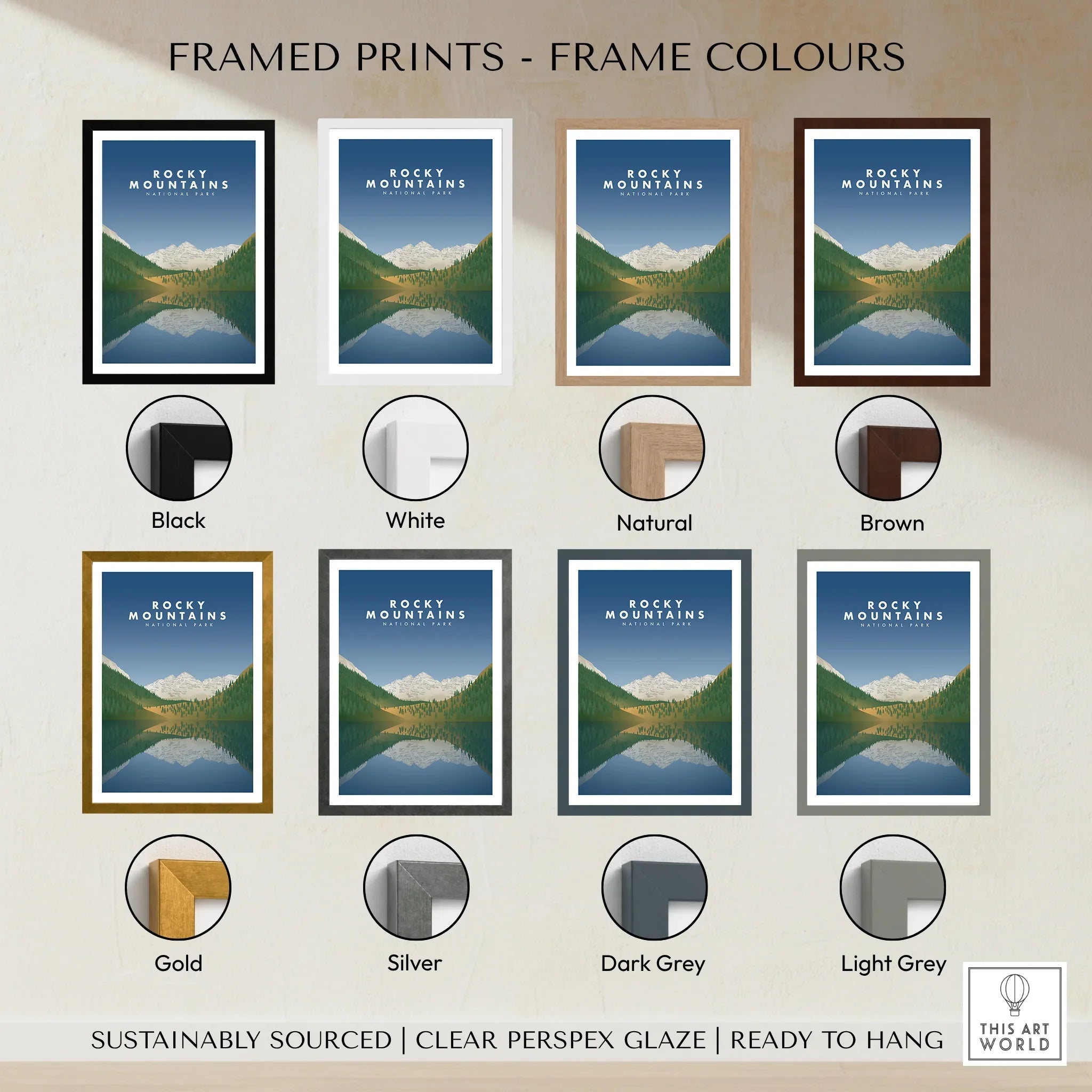 Rocky Mountains art print with eight frame colour options, including black, white, brown, gold, and grey.