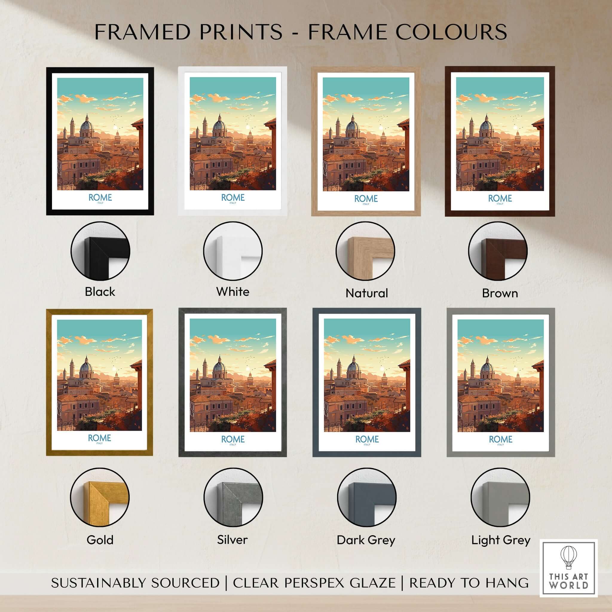 Rome Poster framed print options in various colors, including Black, White, Natural, Brown, Gold, Silver, Dark Grey, and Light Grey.