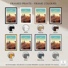 Visual of framed Rome Print in multiple frame colors including black, white, natural, brown, gold, silver, dark grey, light grey.