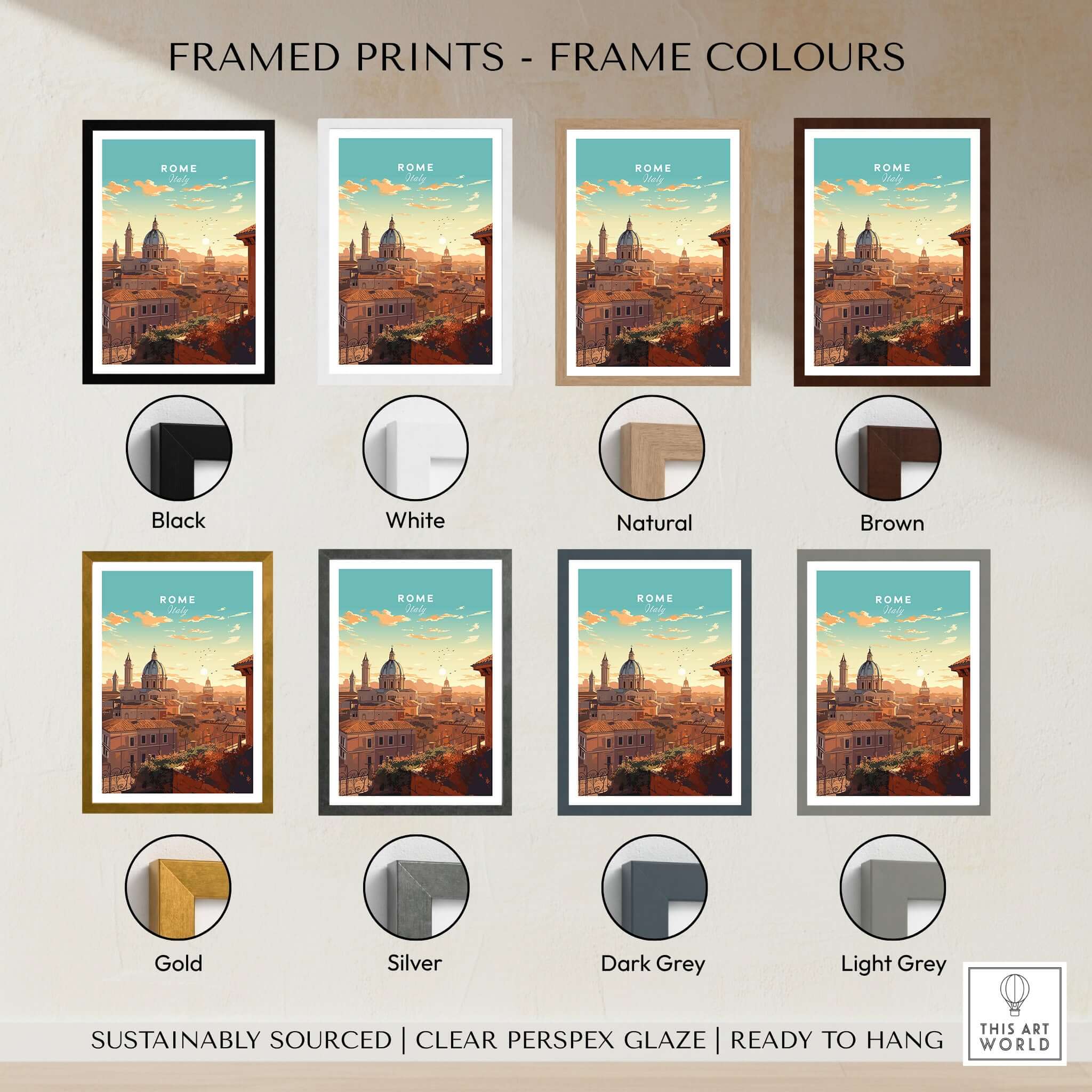Visual of framed Rome Print in multiple frame colors including black, white, natural, brown, gold, silver, dark grey, light grey.