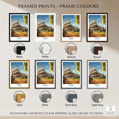 Rome Print with Colosseum framed prints in various colors including black, white, natural, and brown