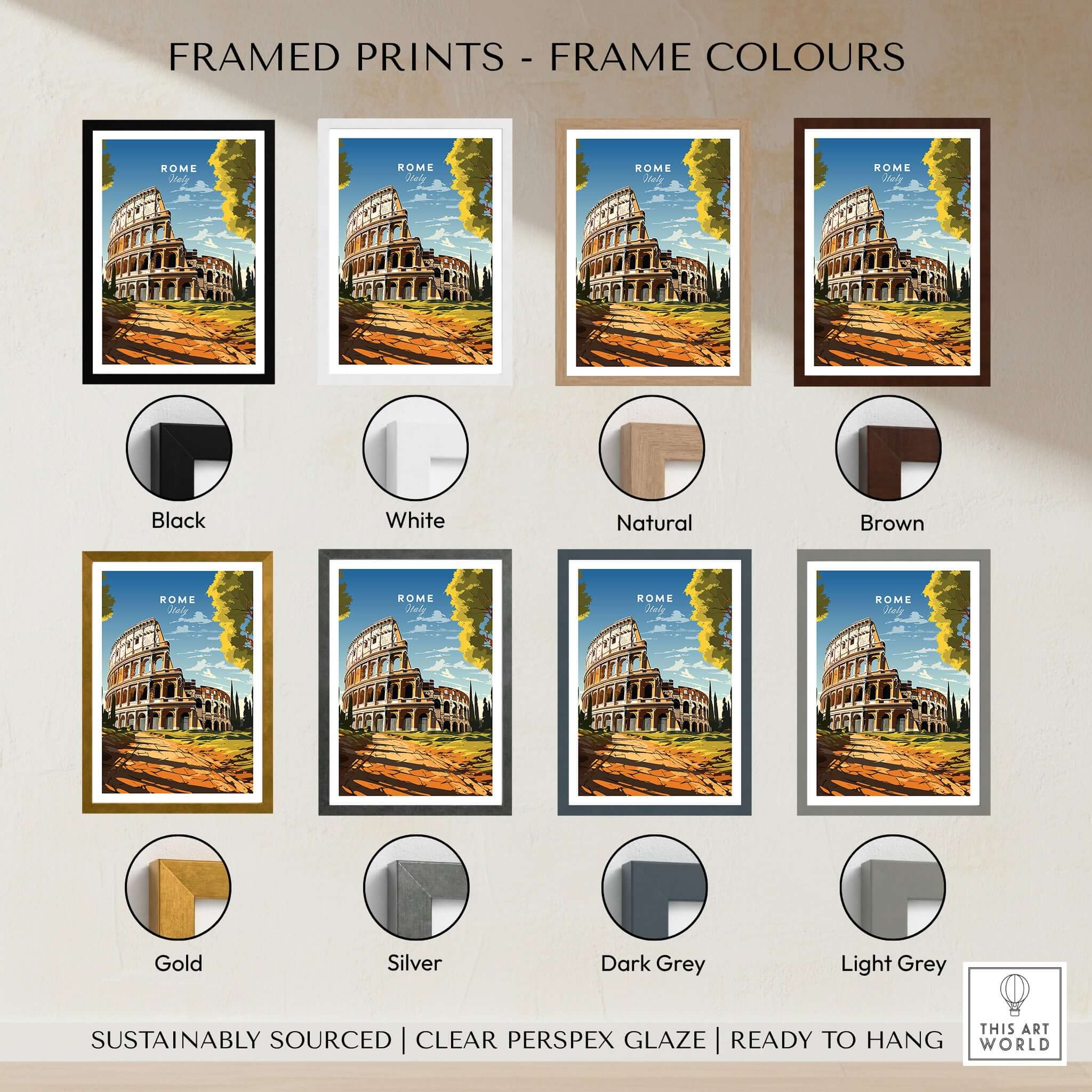 Rome Wall Art framed prints in various colors including black, white, natural, brown, gold, silver, dark grey, and light grey.