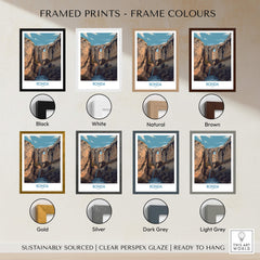 Ronda Spain Poster | Dramatic Andalusian Mountain Bridge Canvas Print framed in various colors including black, white, and natural.