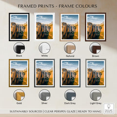 Ronda Spain Wall Art Print | Historic White Village Cliffside Travel Poster framed prints in various colors