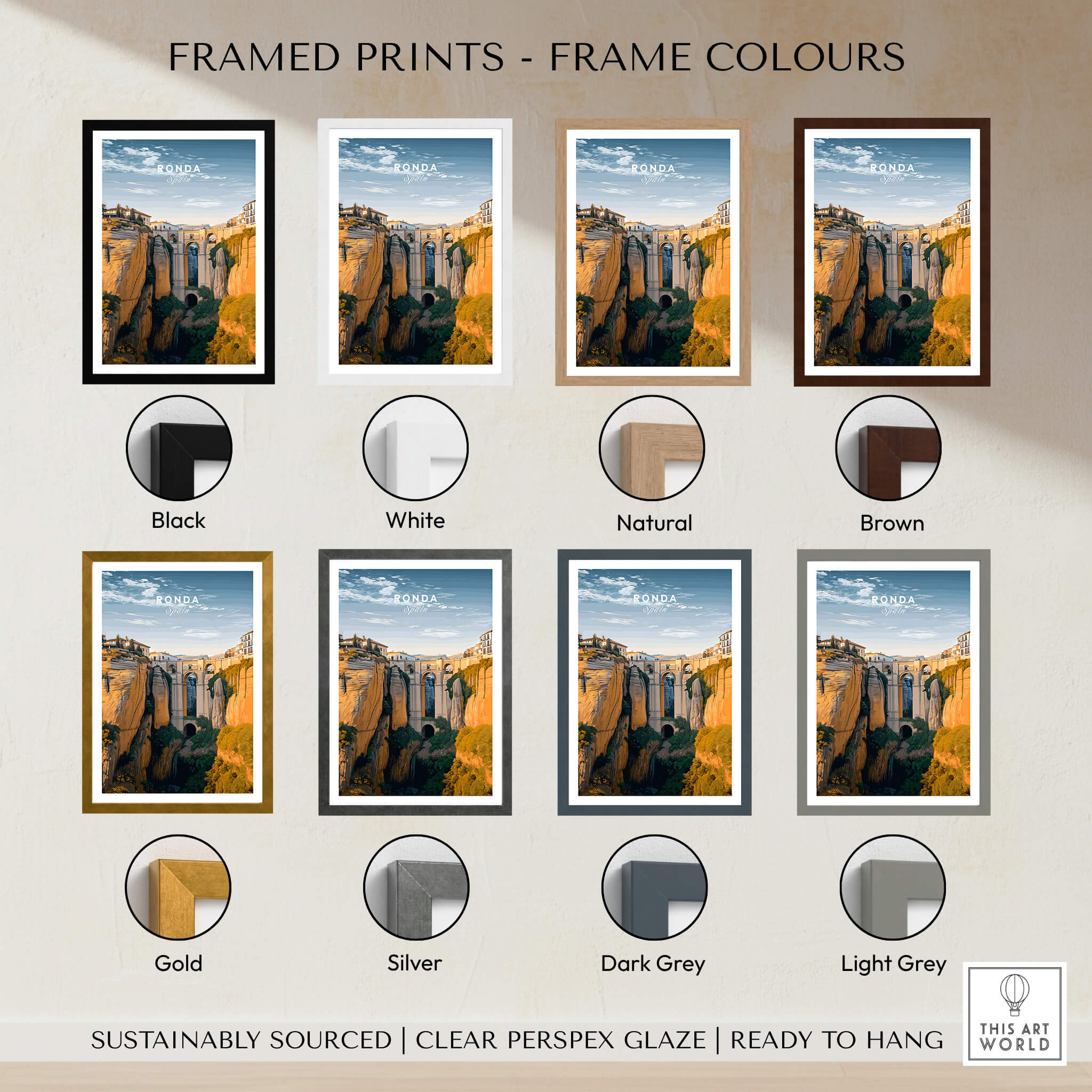 Ronda Spain Wall Art Print | Historic White Village Cliffside Travel Poster framed prints in various colors