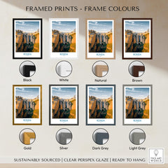 Ronda Spain Poster | Iconic Stone Bridge & Valley View Canvas Print with various frame colors options.
