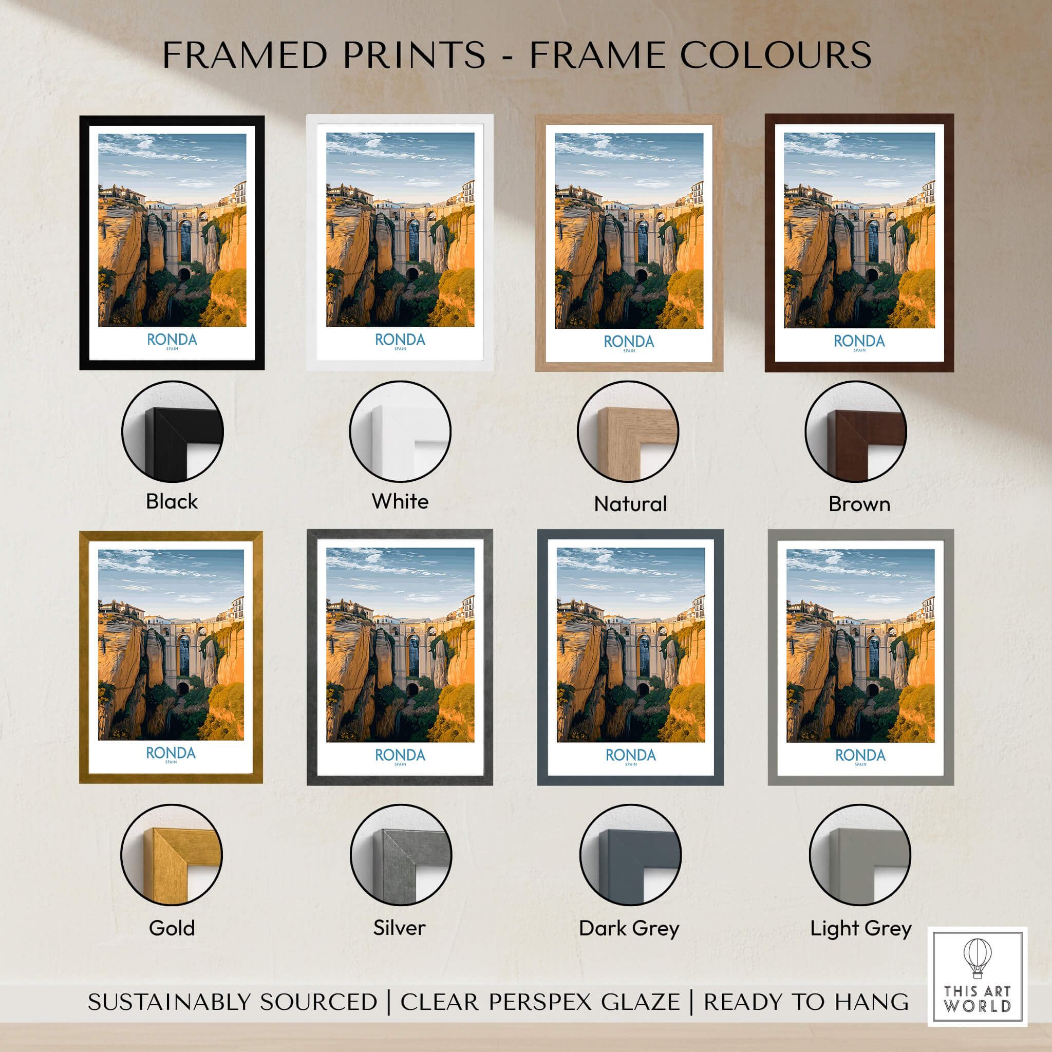 Ronda Spain Poster | Iconic Stone Bridge & Valley View Canvas Print with various frame colors options.