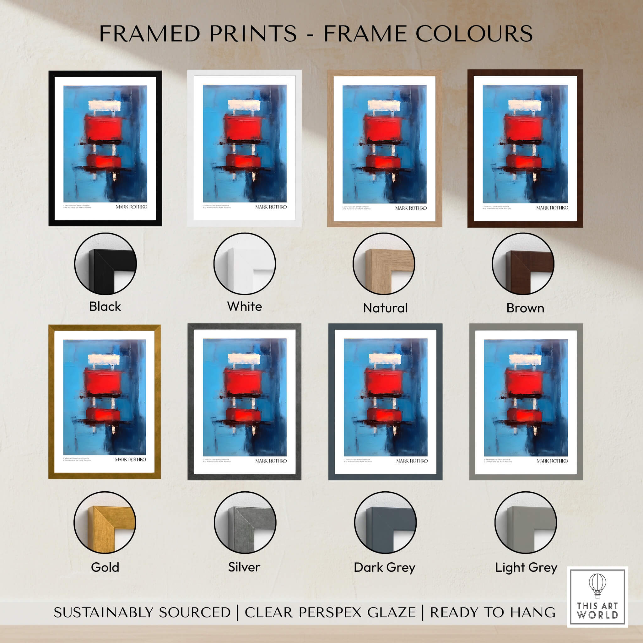 Rothko Inspired Abstract Red Blocks Art Print | Blue Background Wall Decor framed options in various colors including black, white, natural, and brown.