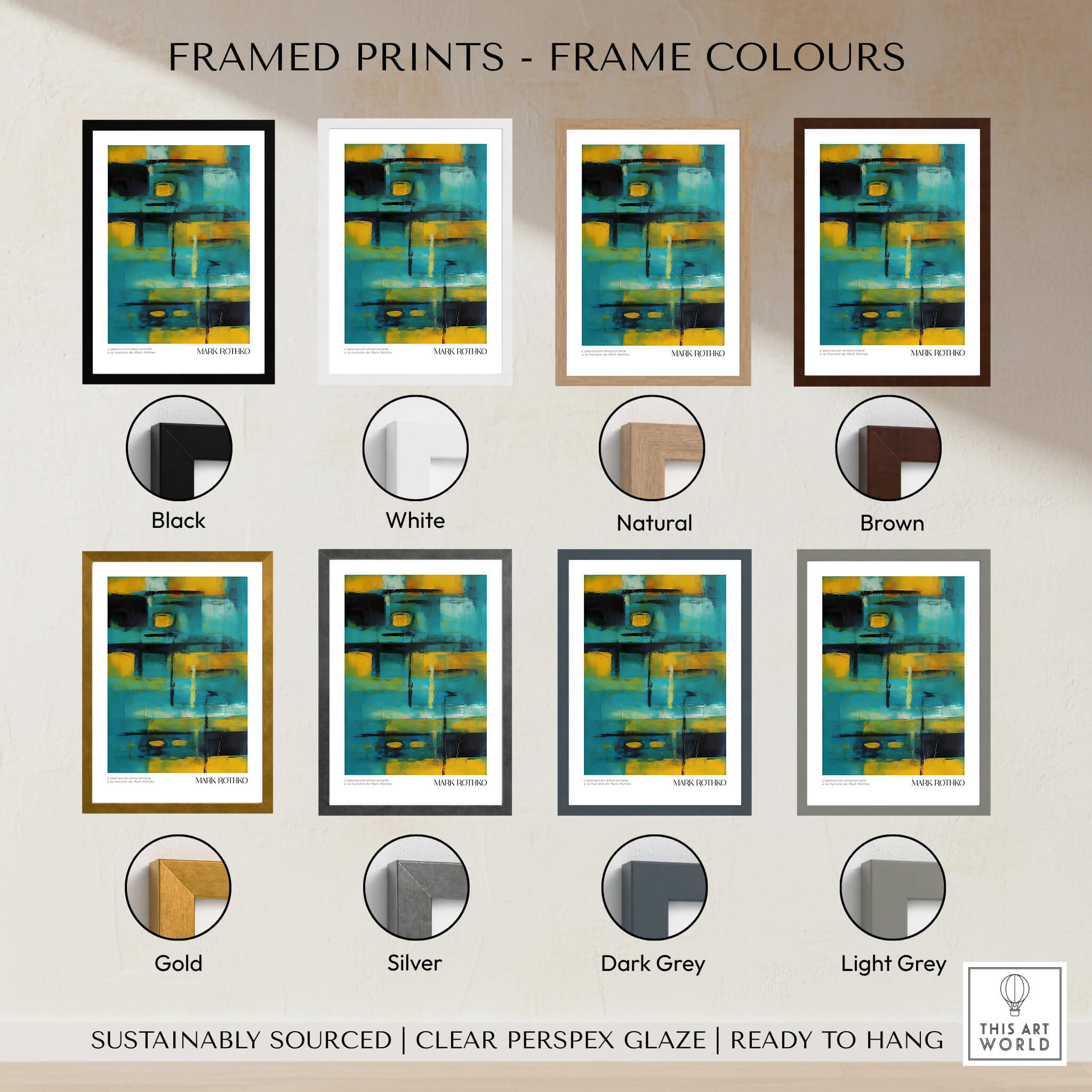 Framed prints in various colors including black, white, natural, brown, gold, silver, dark grey, and light grey.