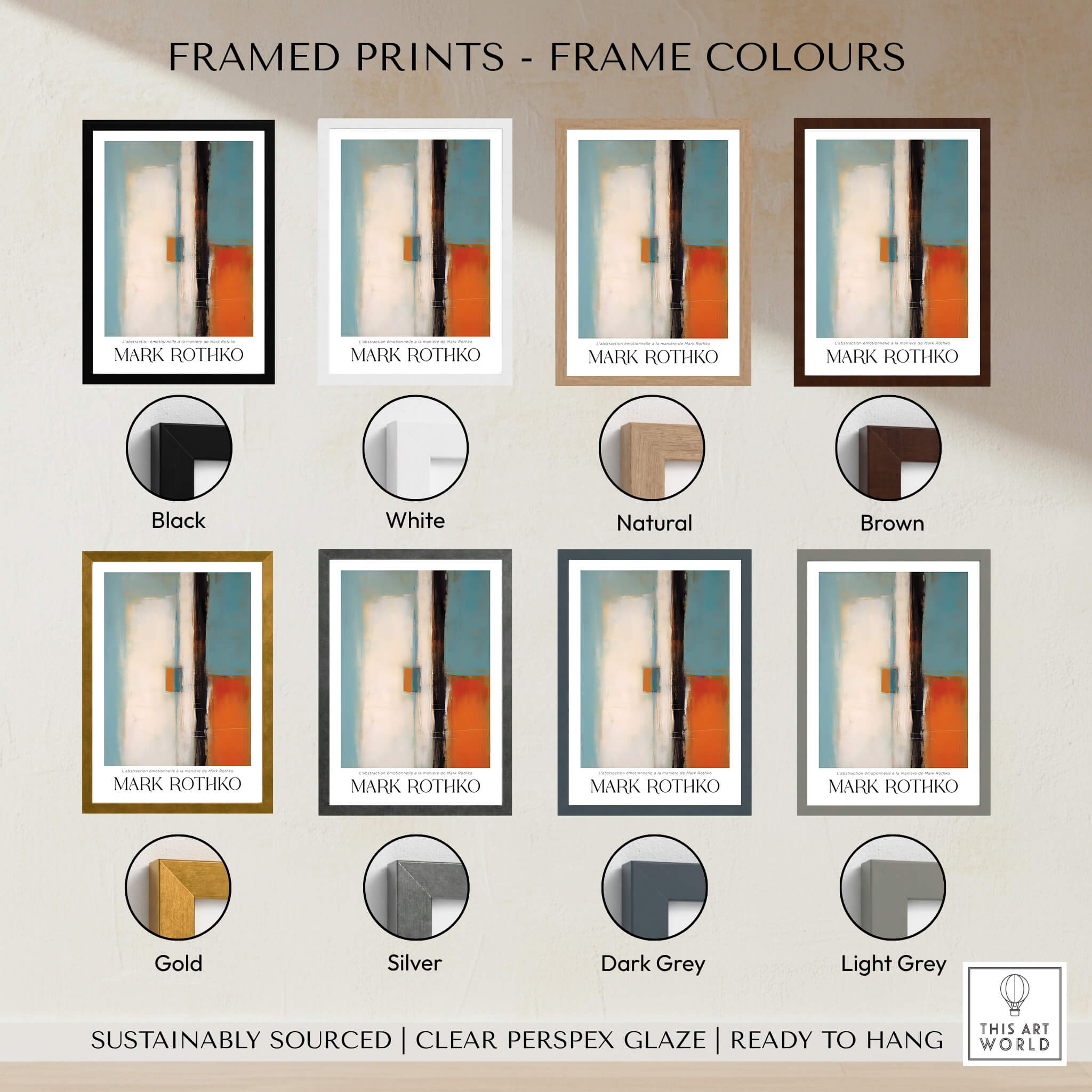 Rothko Inspired Abstract Teal and Orange Art Print | Minimalist Canvas Poster framed with color options.