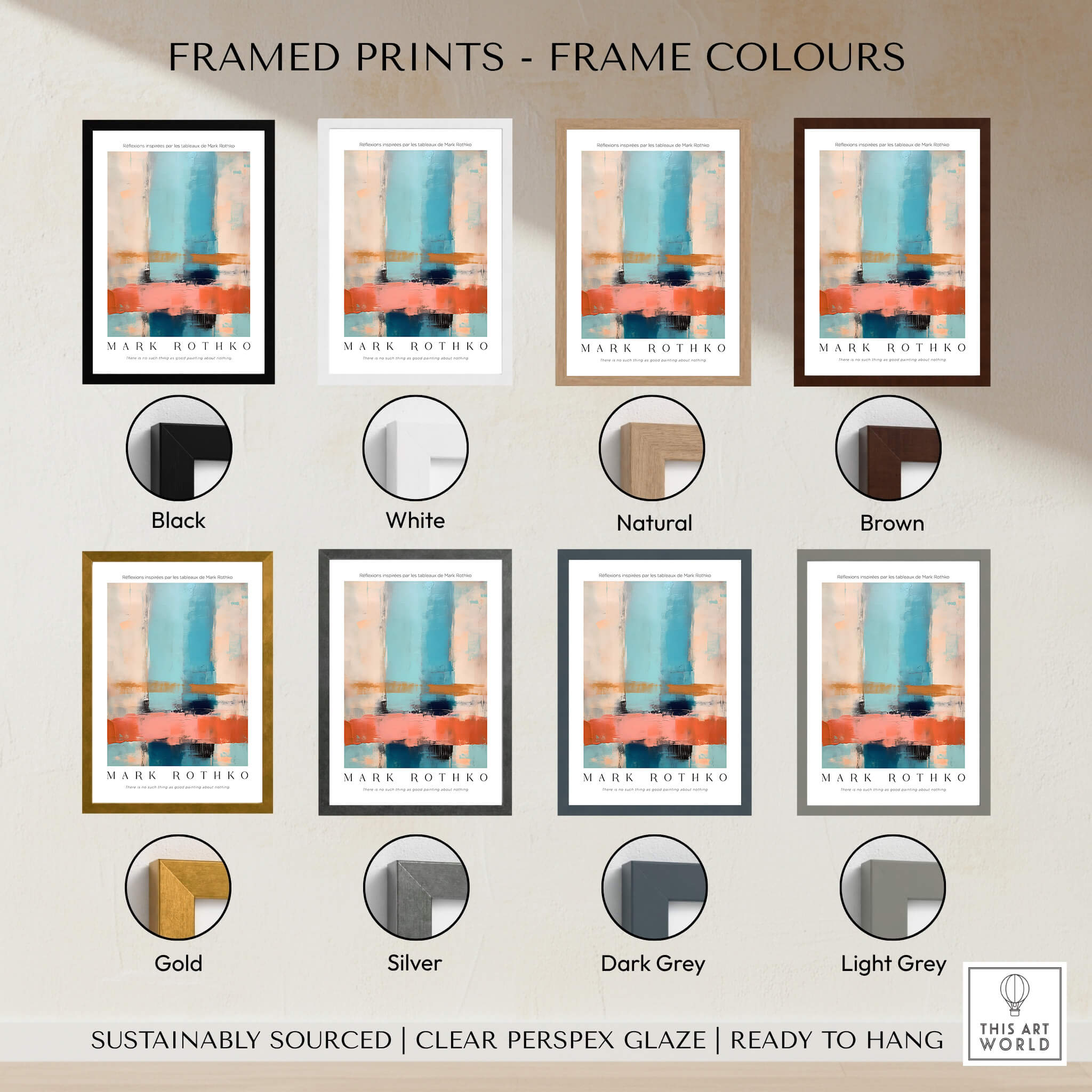 Framed Rothko Inspired Abstract Pastel Color Art Prints in various frame colors: Black, White, Natural, Brown, Gold, Silver, Dark Grey, Light Grey.