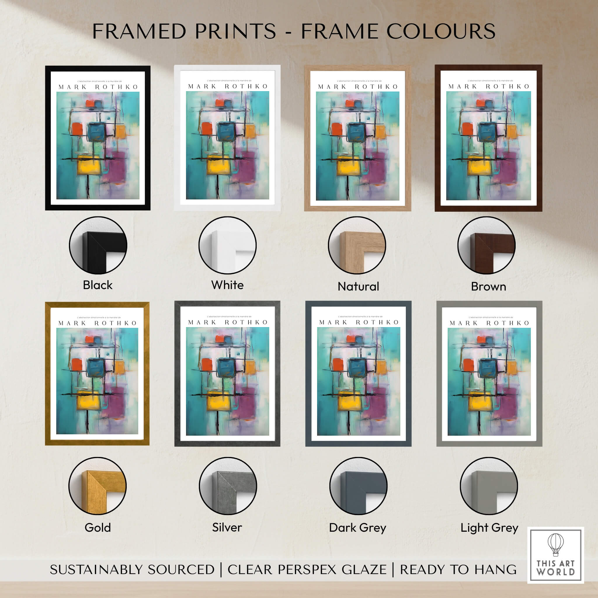 Rothko Style Floating Blocks Painting Print | Modern Abstract Canvas Wall Decor with various frame colors.