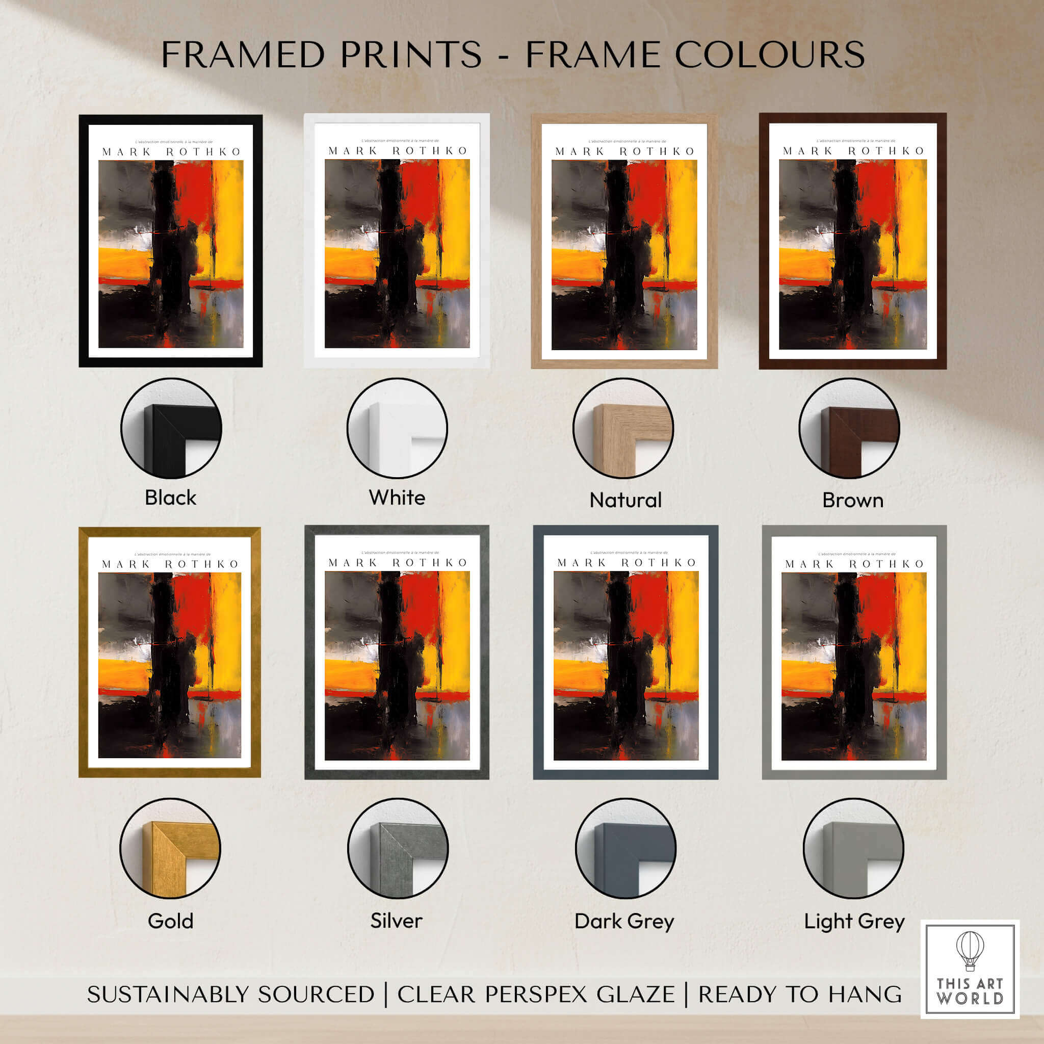 Framed prints showcasing frame colours for Mark Rothko Style Bold Black and Yellow Abstract Canvas Art Print