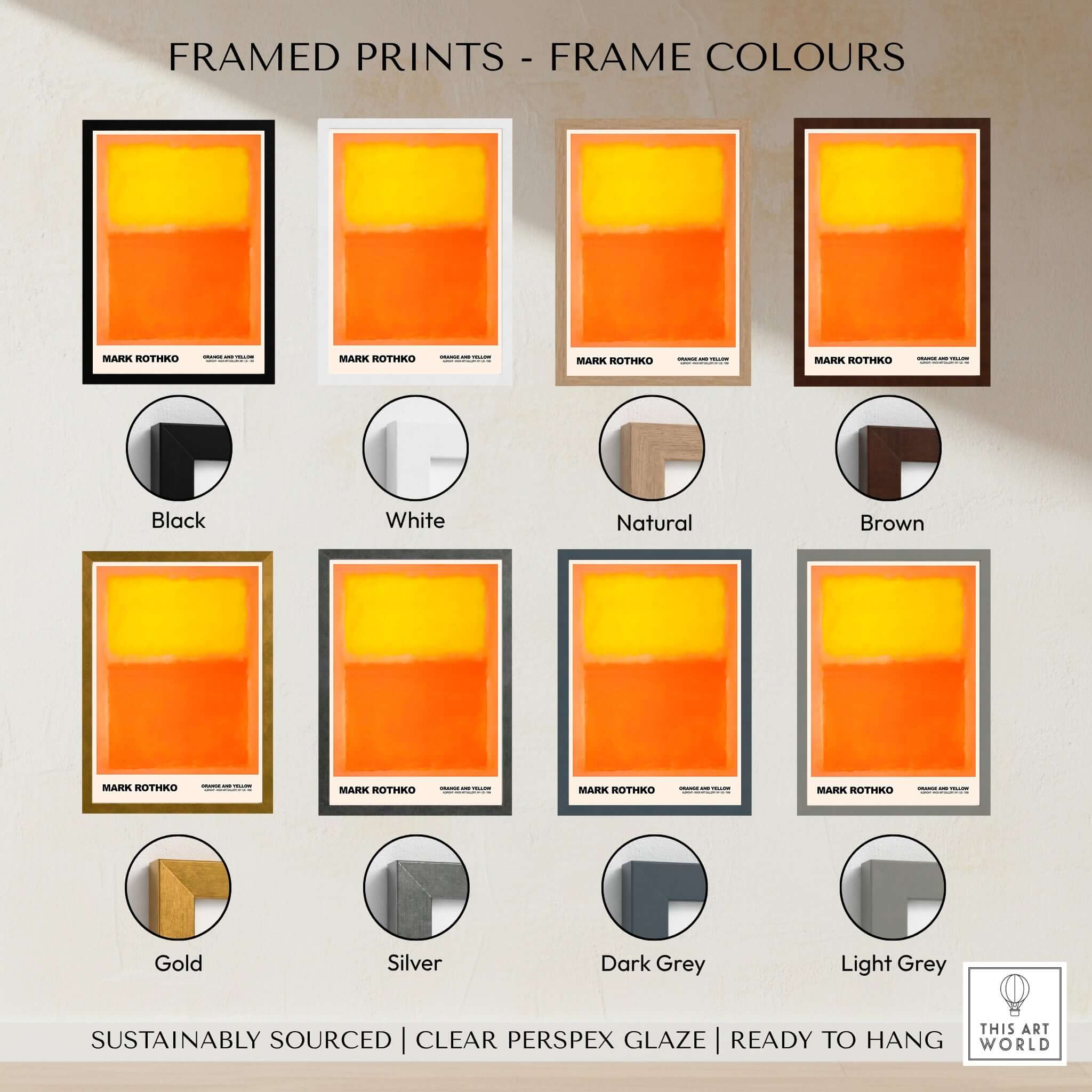 Mark Rothko Orange and Yellow 1956 Abstract Expressionism Art Print Color Field Poster framed options and colors displayed.