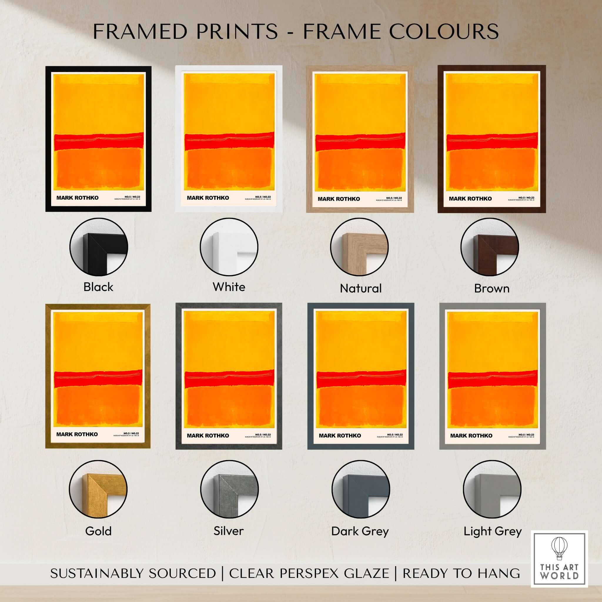 Framed prints of Mark Rothko No 5 No 22 Abstract Expressionist Print in various frame colors: Black, White, Natural, Brown, Gold, Silver, Dark Grey, Light Grey.