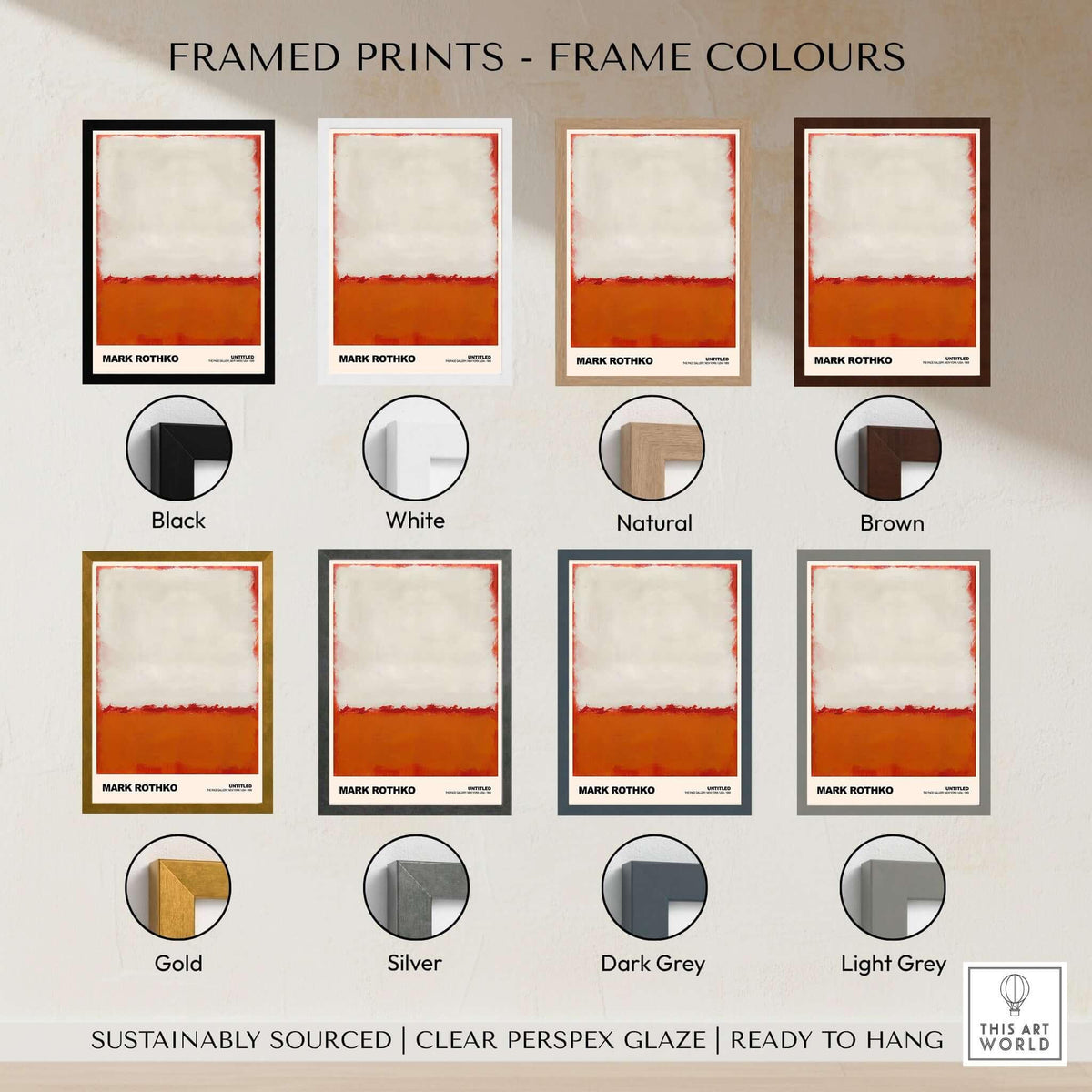 Mark Rothko Untitled 1969 Abstract Expressionism Poster White Orange Color Field Print framed in various colors.