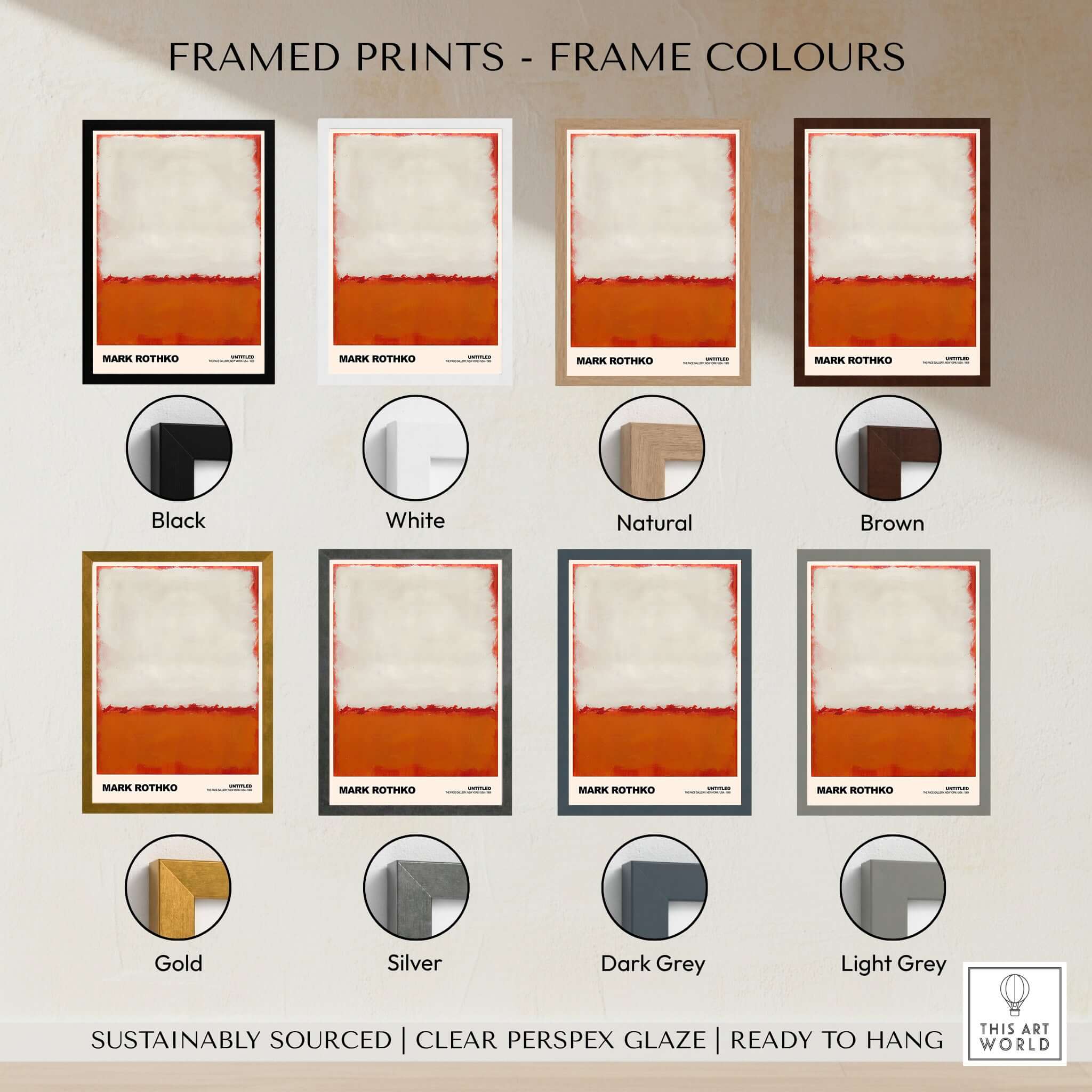 Mark Rothko Untitled 1969 Abstract Expressionism Poster White Orange Color Field Print framed in various colors.