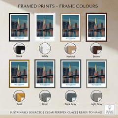 Rotterdam skyline art print with eight frame colour options, including black, white, natural, brown, gold, silver, dark grey, and light grey.