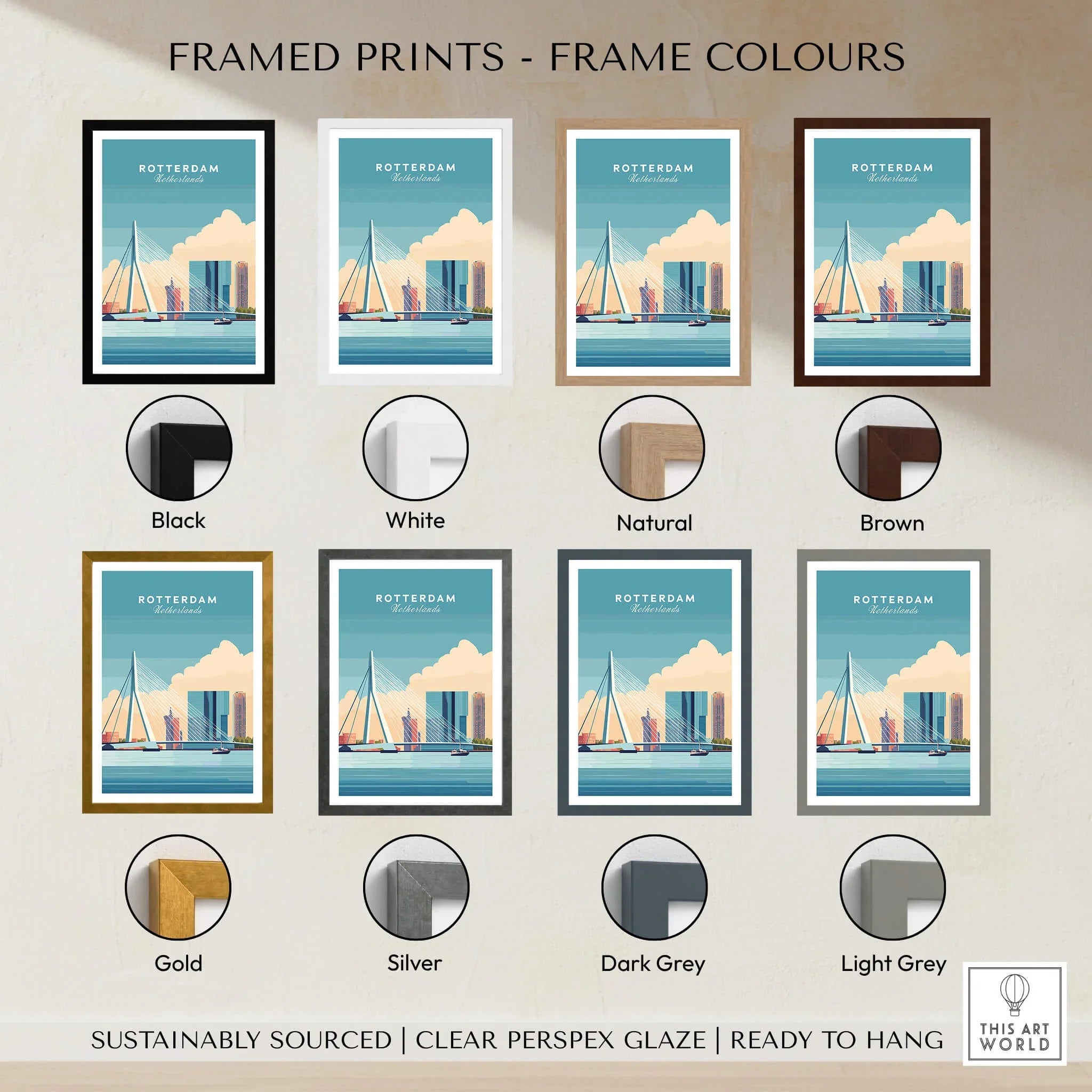 Rotterdam travel poster framed print with eight frame color options including black, white, natural, brown, gold, silver, dark grey, and light grey.
