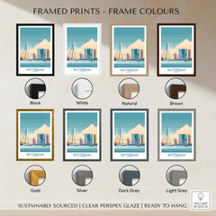 Rotterdam city skyline art print in eight frame color options: black, white, natural, brown, gold, silver, dark grey, and light grey.