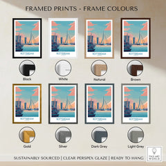 Rotterdam city skyline art print in eight frame colours: black, white, natural, brown, gold, silver, dark grey, light grey.
