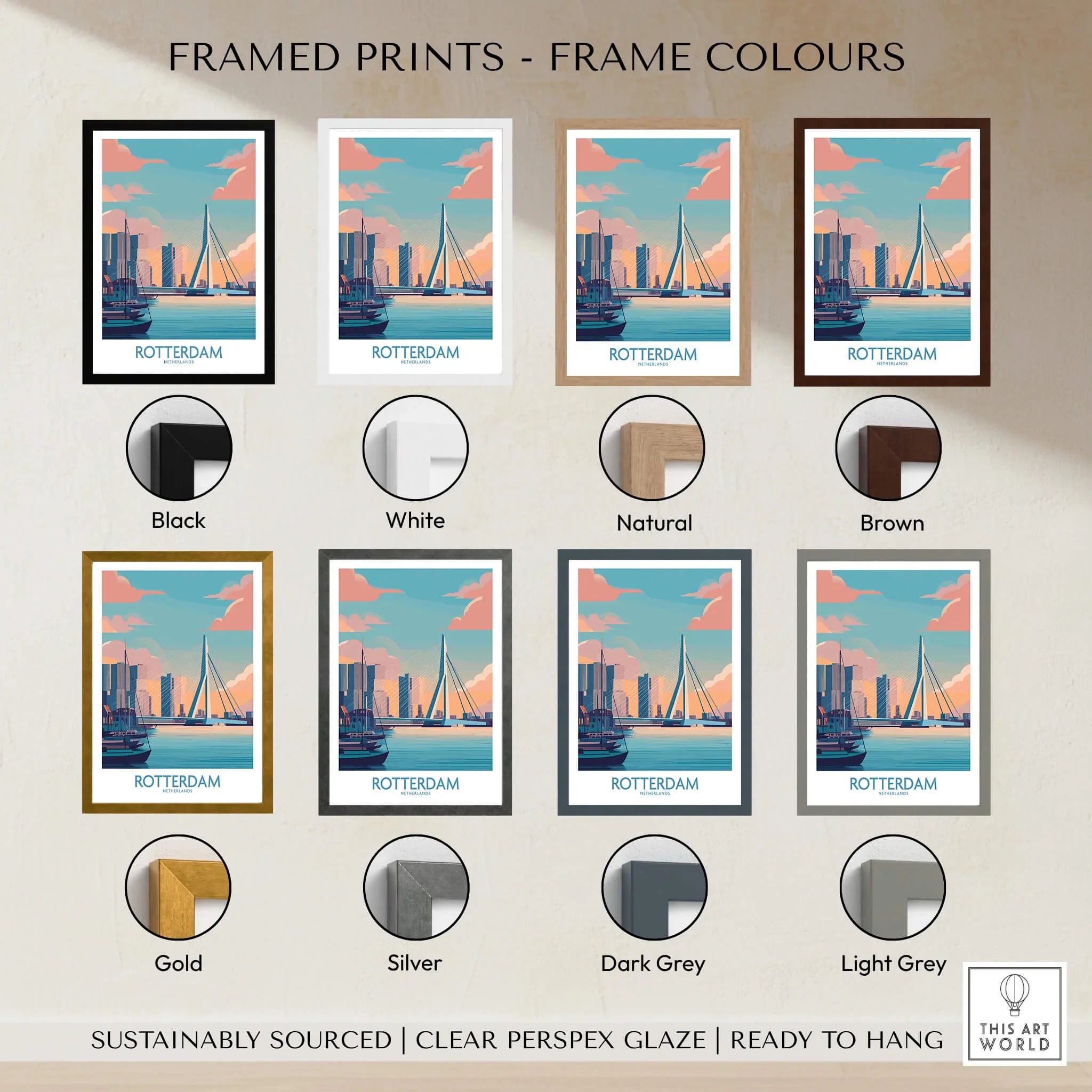Rotterdam city skyline art print in eight frame colours: black, white, natural, brown, gold, silver, dark grey, light grey.