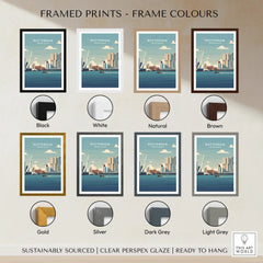 Rotterdam travel poster wall art in eight different frame colors including black, white, natural, brown, gold, silver, dark grey, and light grey.