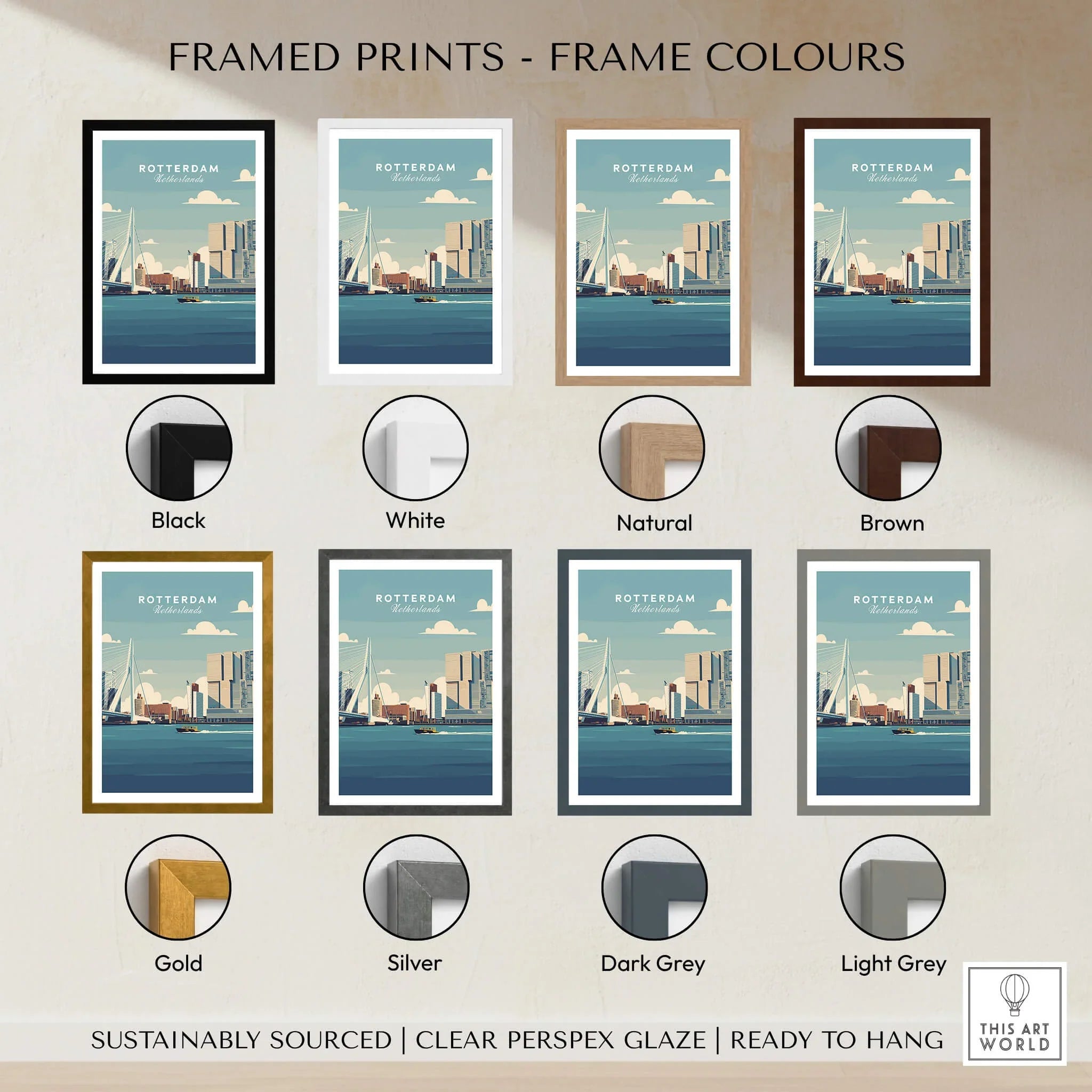 Rotterdam travel poster wall art in eight different frame colors including black, white, natural, brown, gold, silver, dark grey, and light grey.