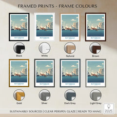 Rotterdam city skyline wall art travel poster in eight frame color options including black, white, natural, brown, gold, silver, dark grey, and light grey.
