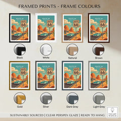 Route 66 retro travel poster with various frame color options including black, white, natural, brown, gold, silver, dark grey, and light grey.
