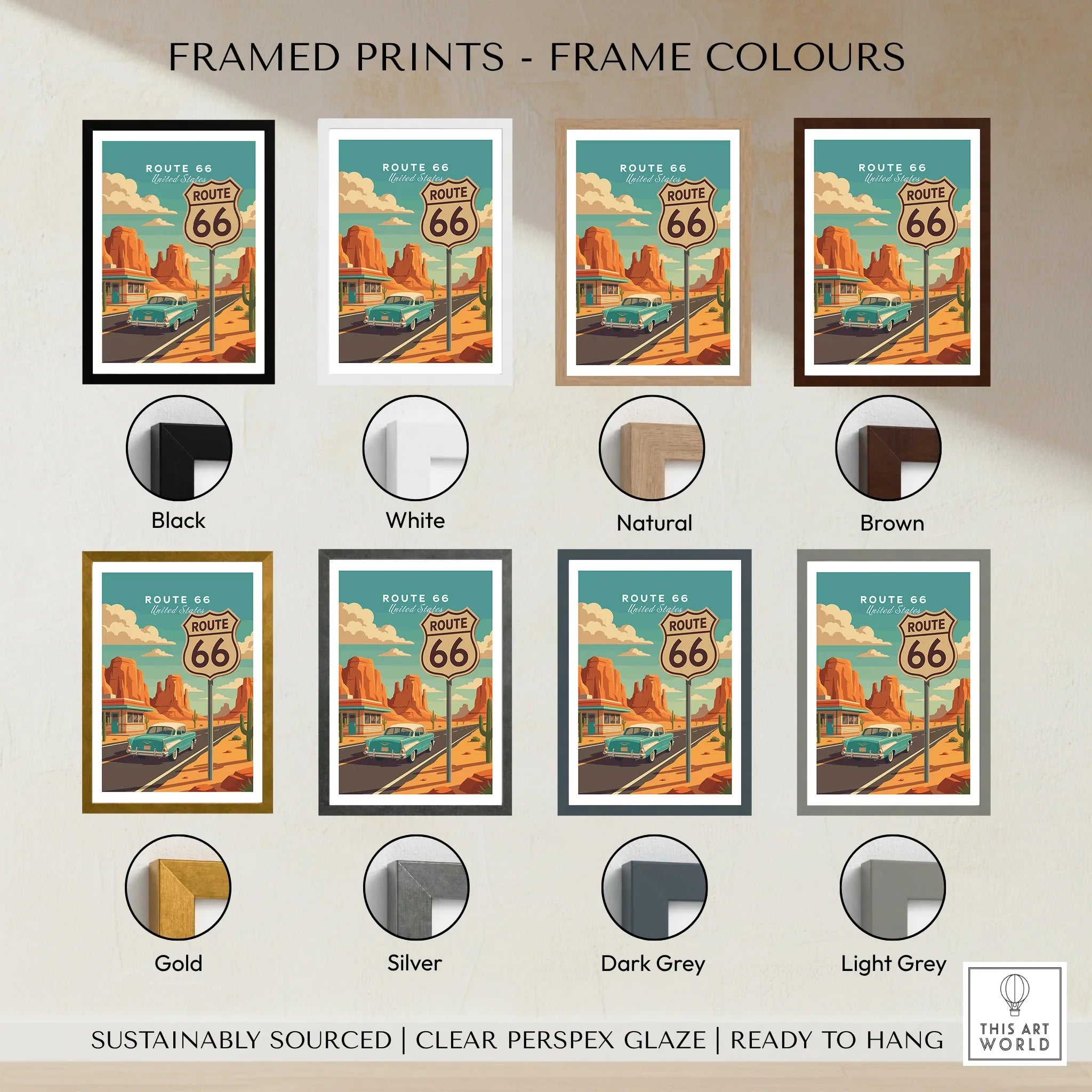 Route 66 retro travel poster with various frame color options including black, white, natural, brown, gold, silver, dark grey, and light grey.