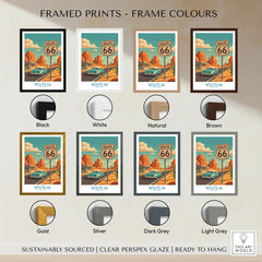 Route 66 travel poster art print with seven frame color options, including black, white, natural, brown, gold, silver, dark grey, and light grey.