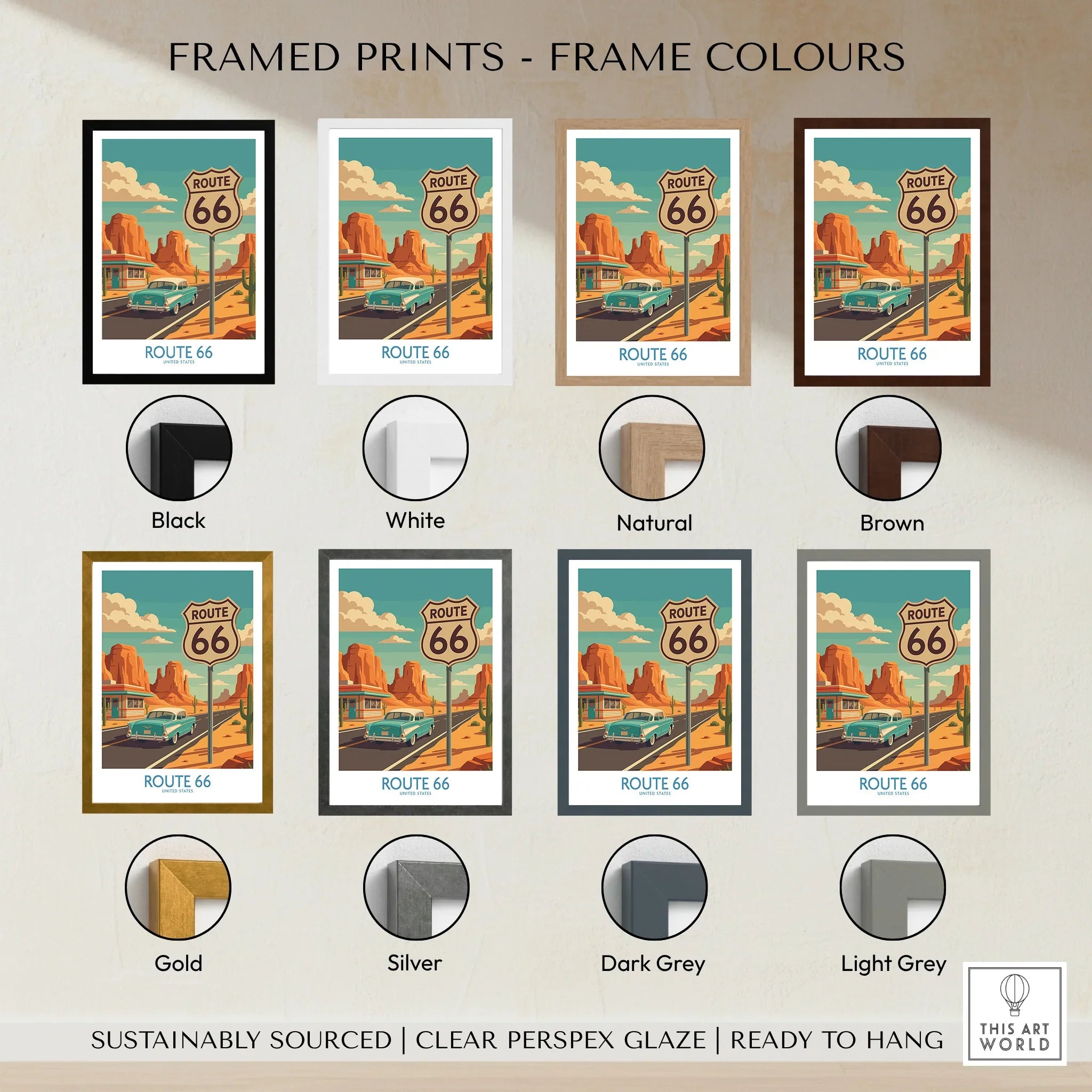 Route 66 travel poster art print with seven frame color options, including black, white, natural, brown, gold, silver, dark grey, and light grey.