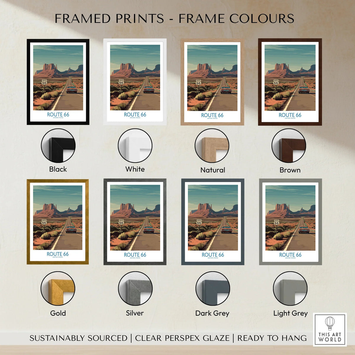 Route 66 framed travel print with eight frame color options, desert landscape wall art
