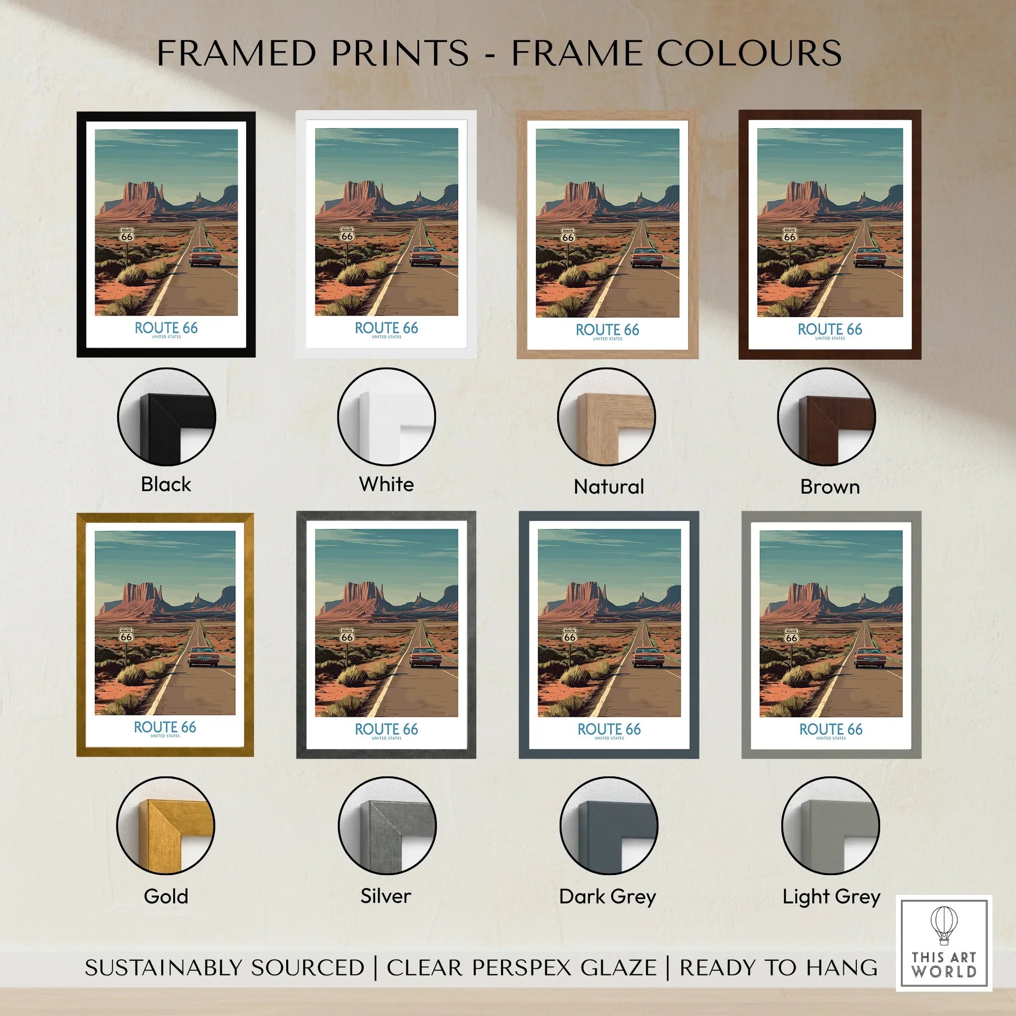 Route 66 framed travel print with eight frame color options, desert landscape wall art