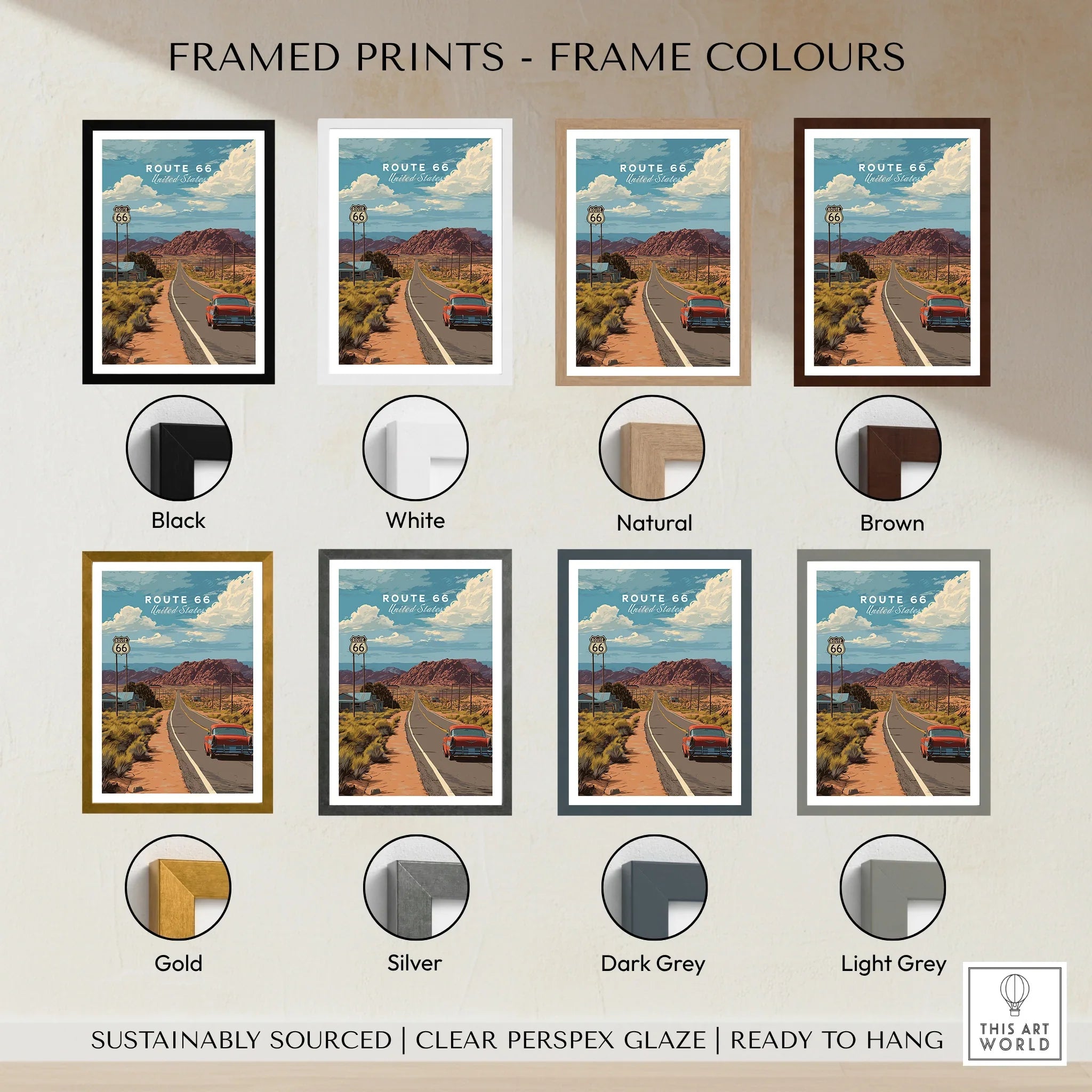 Route 66 travel poster framed art print with car and desert landscape, shown in 8 frame color options