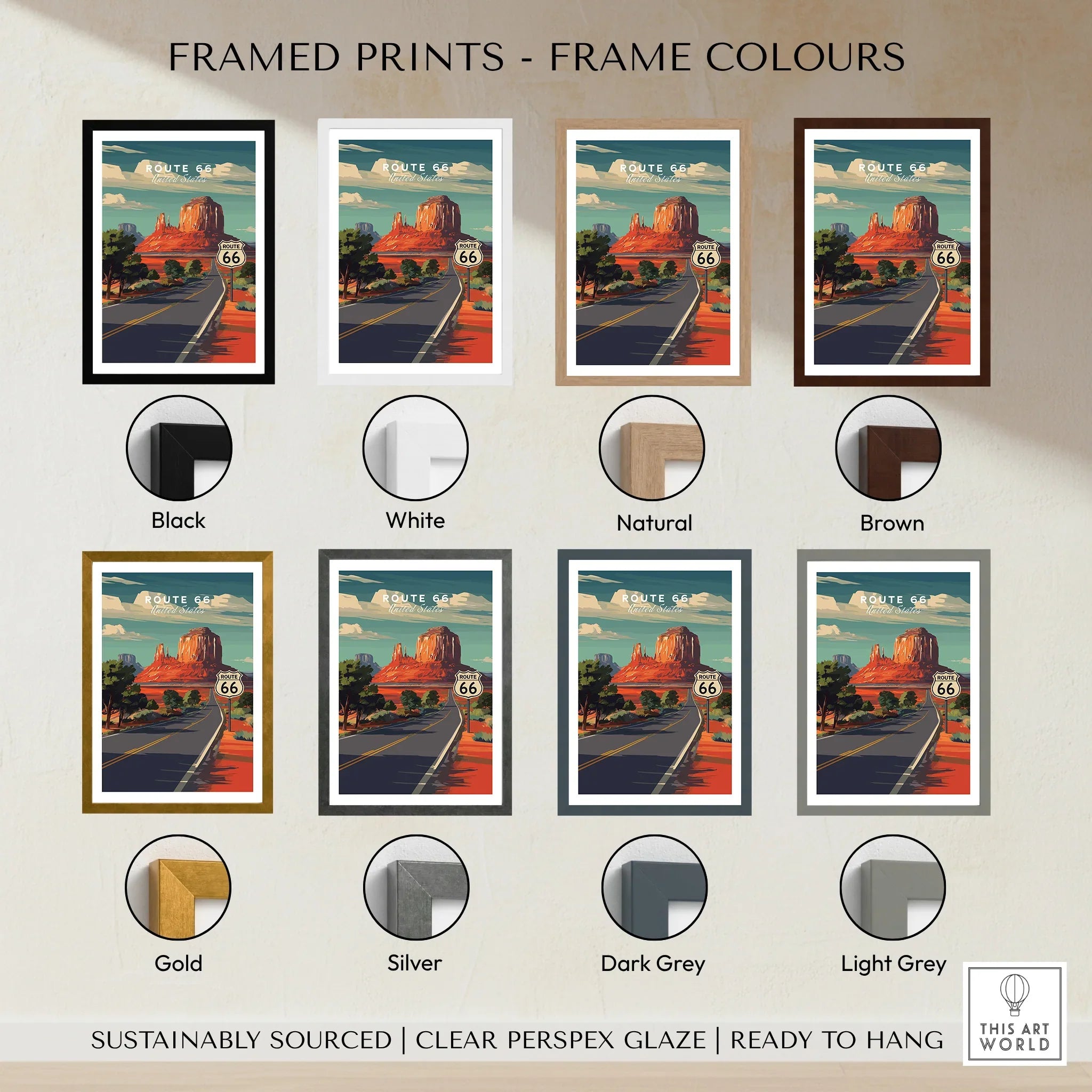 Route 66 travel poster wall art in various frame color options, including black, white, natural, brown, gold, silver, dark grey, and light grey.