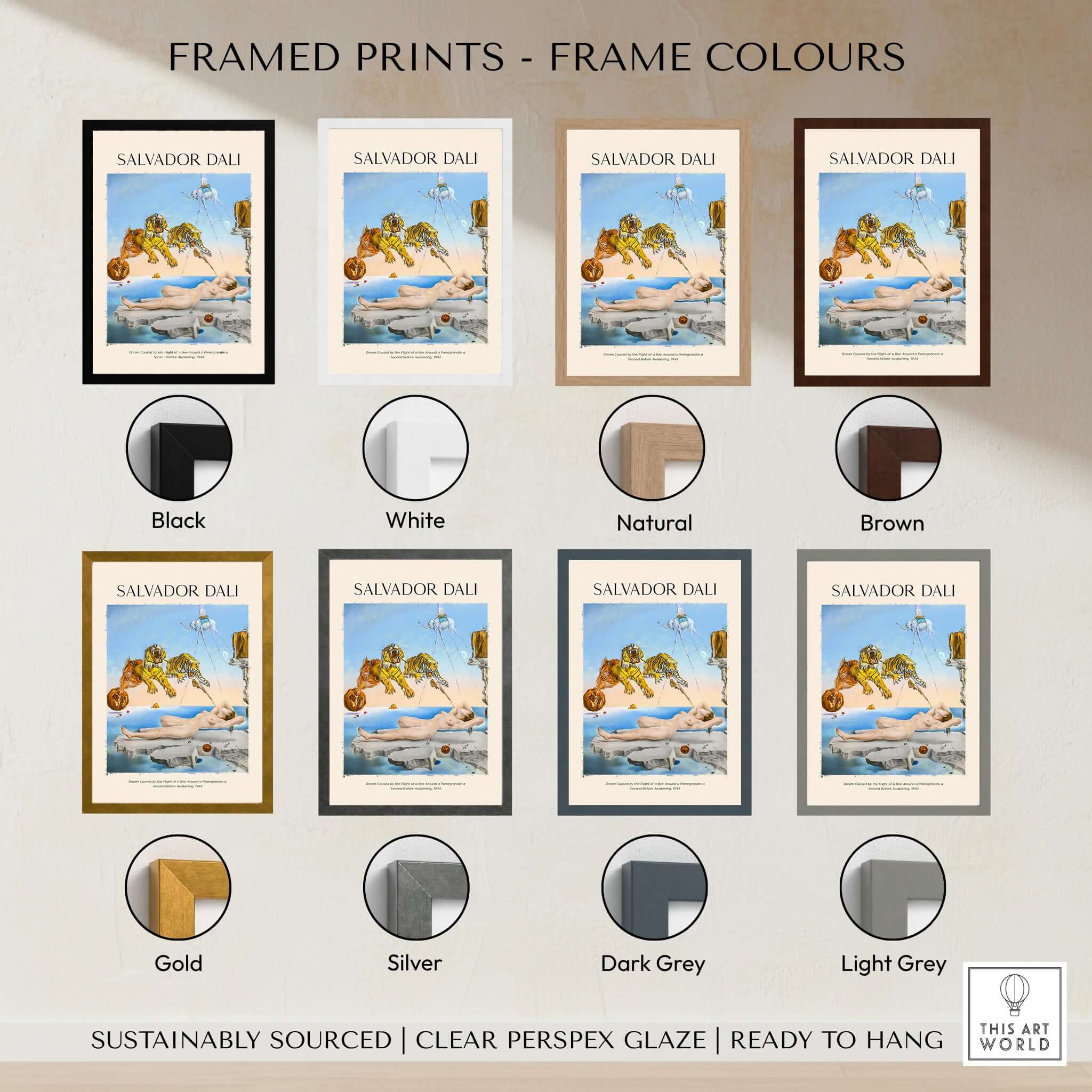 Framed prints color options for Salvador Dali Dream Caused by the Flight of a Bee Pomegranate Surrealism Art Print Poster Tigers.