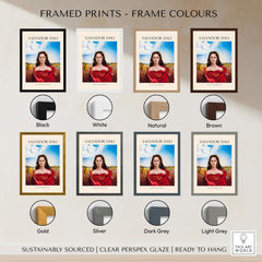 Framed prints of Salvador Dali Portrait Mrs Mary Sigall 1948 Surrealist Woman Art Print Poster in various frame colors.