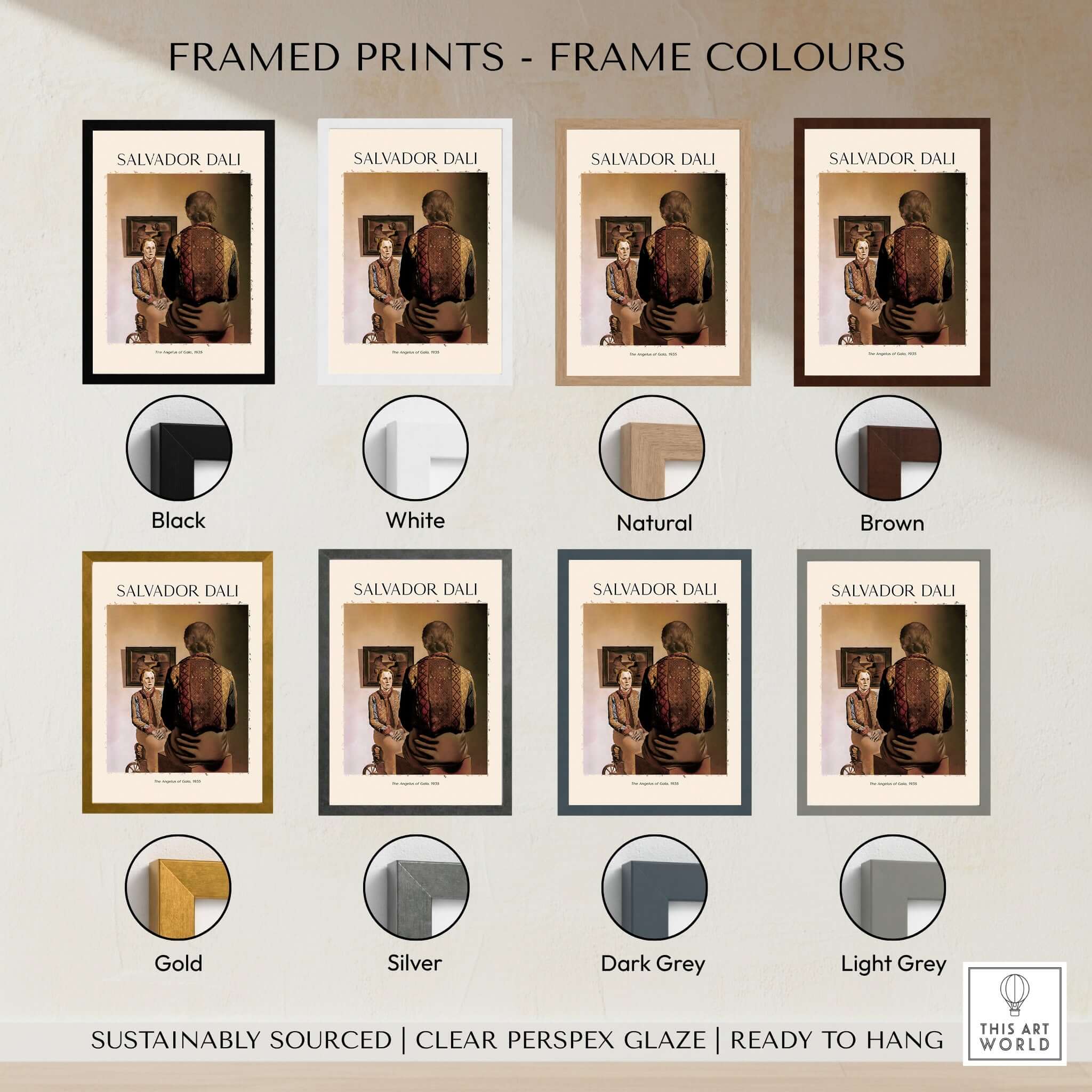 Framed prints in various colors showcasing Salvador Dali The Angelus of Gala 1935 Surrealism Double Image Art Print Poster.