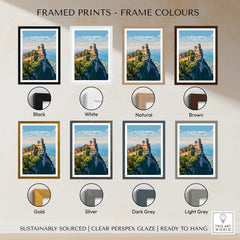 Framed San Marino Wall Art Print | Mount Titano Citadel Travel Poster in various frame colors including Black, White, Gold, and Silver.