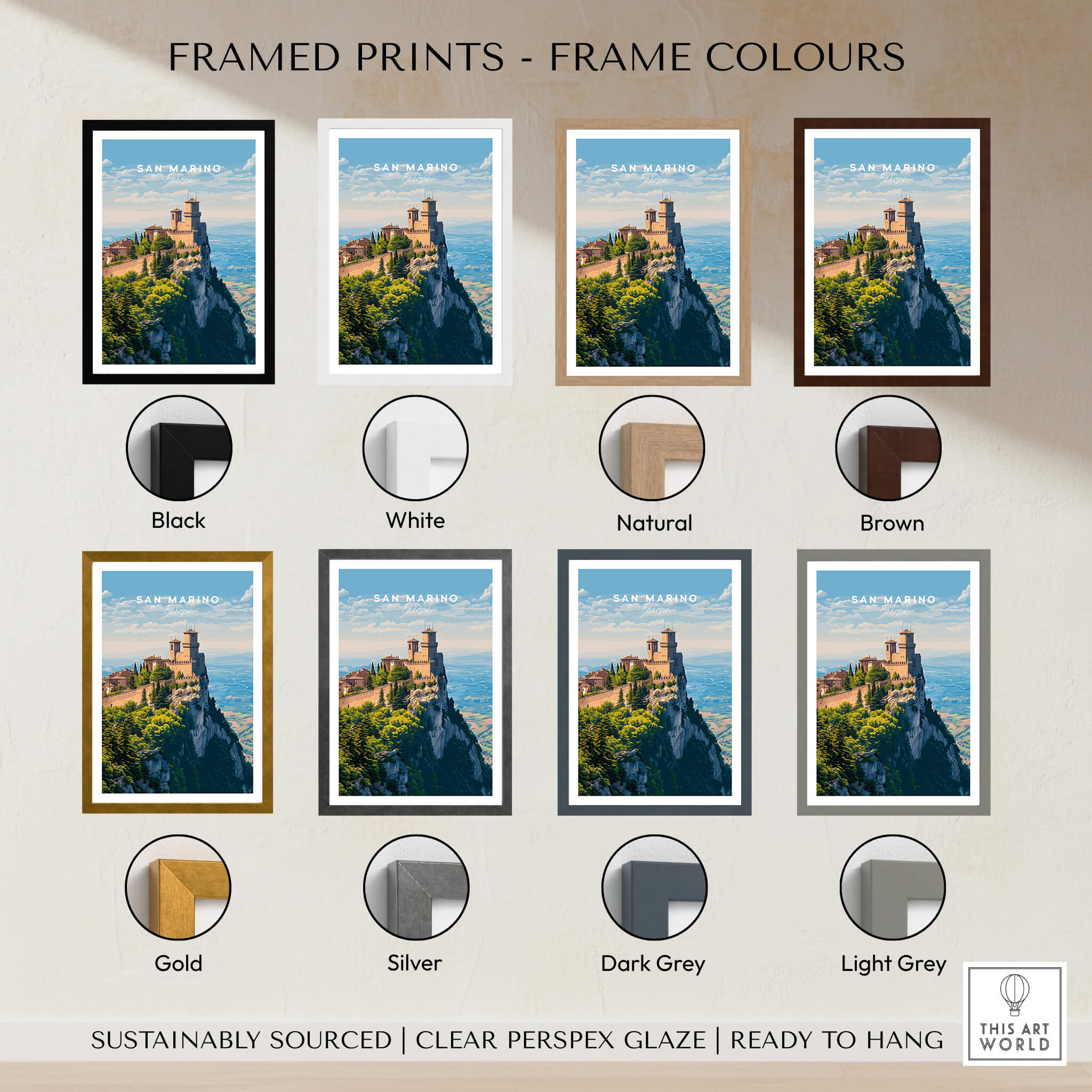 Framed San Marino Wall Art Print | Mount Titano Citadel Travel Poster in various frame colors including Black, White, Gold, and Silver.